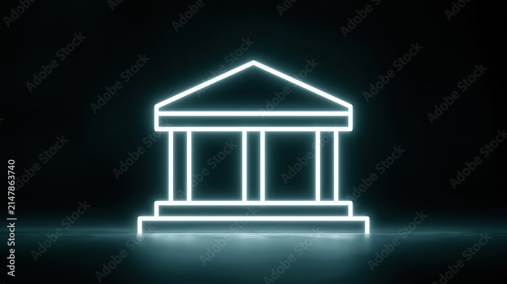 Fototapeta premium Glowing Neon Outline of a Classic Government Building or Financial Institution on a Dark Background