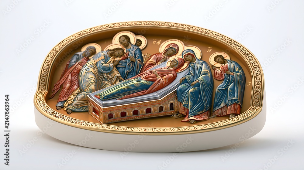 Obraz premium Intricate Orthodox Icon Depicting the Dormition of the Theotokos with Apostles and Angels