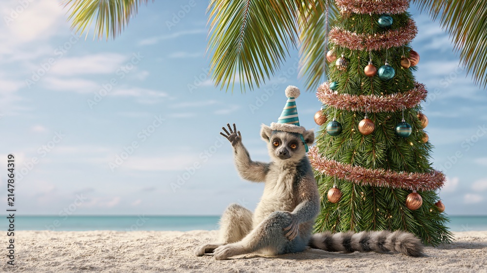 Fototapeta premium Whimsical Ring-Tailed Lemur in Party Hat Celebrates Christmas on Tropical Beach with Decorated Tree