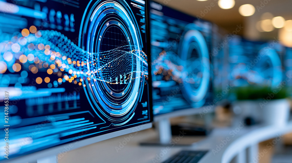 Fototapeta premium Cyber threat intelligence concept, analyzing data to help organizations combat targeted cyber attacks, defocused background, with copy space