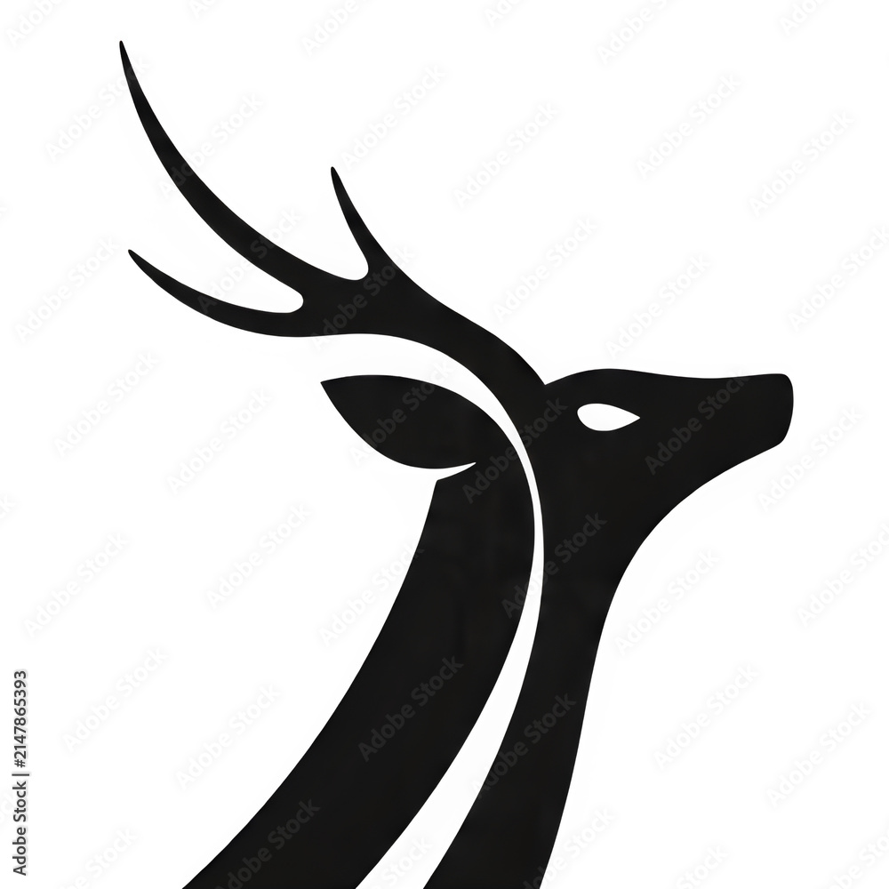 Fototapeta premium Stylized black silhouette logo of a deer head with elegant antlers isolated on white background.