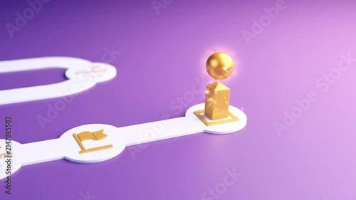 Golden milestone trophy at the end of a winding roadmap pathway over a smooth flowing purple gradient background