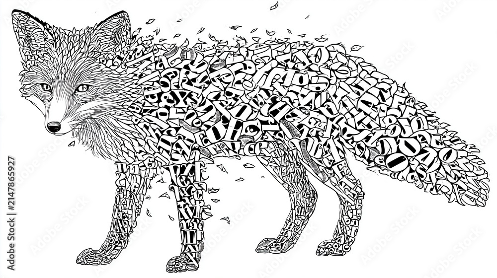 Fototapeta premium Detailed black and white line art of a fox composed entirely of scattered letters and typographic elements on a plain background