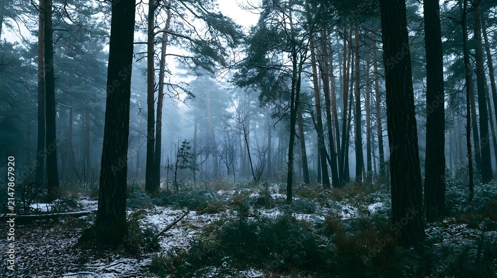 Obraz premium A misty winter forest scene featuring tall pine trees and frost covered ground under a pale sky