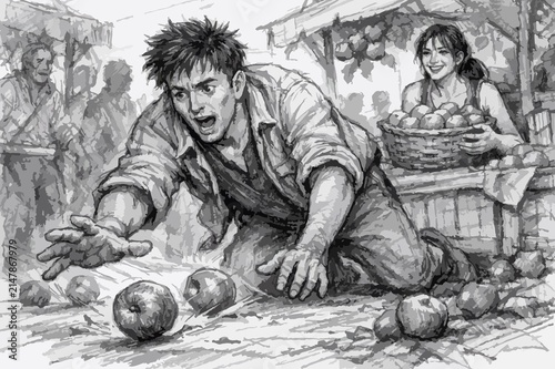 Foto A farmer carefully gathers fallen fruit from the ground