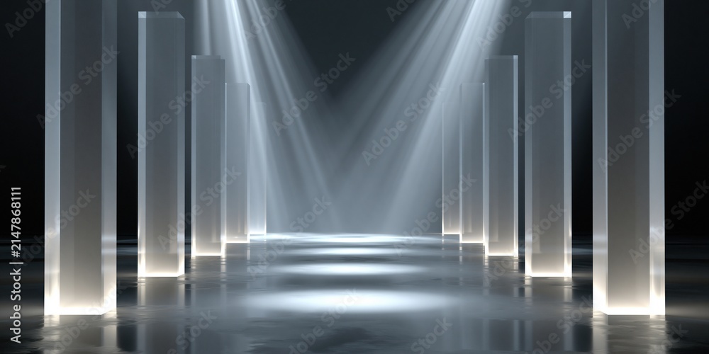 Fototapeta premium Modern Architectural Hallway with Dramatic Spotlight Illumination and Reflective Floor