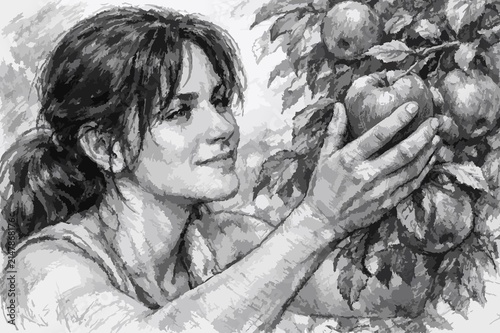 Картината върху платно A woman carefully picks fresh fruit from a tree