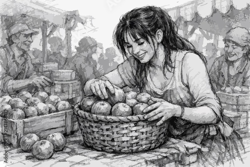 Bild auf Leinwand A woman carefully arranges freshly harvested fruit in a basket