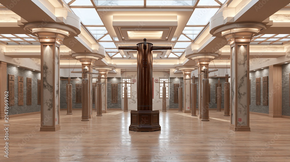Fototapeta premium Spacious traditional martial arts training hall with wooden dummy and marble columns under bright skylight