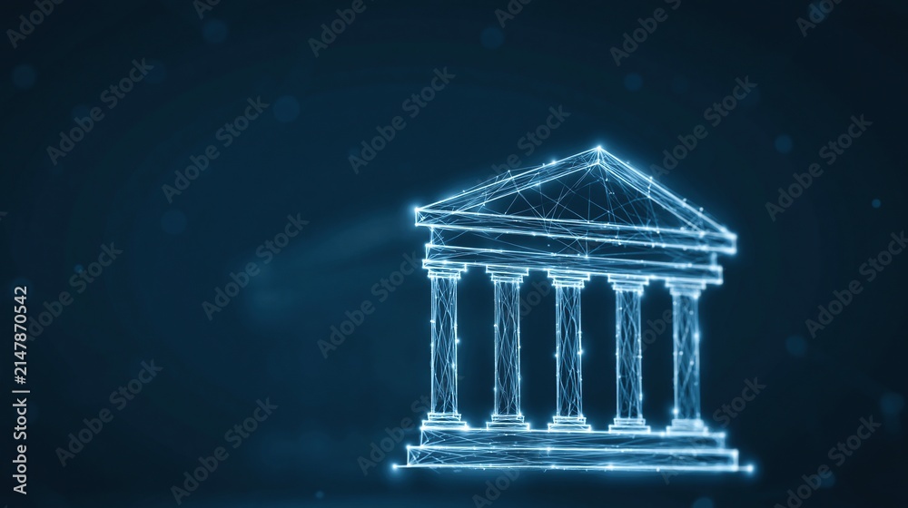 Fototapeta premium Digital wireframe rendering of a classical temple building with glowing blue lines against a dark background.