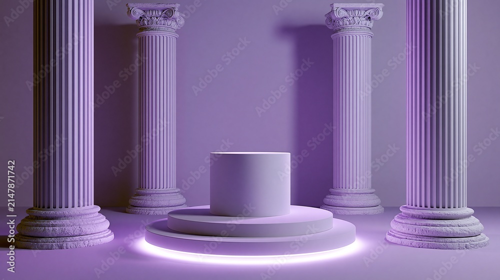 Fototapeta premium Minimalist pedestal surrounded by ornate columns with purple neon light accent