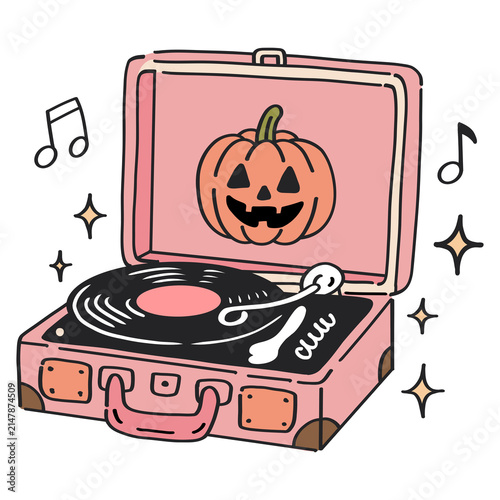 Obraz na płótnie Retro Pink Vinyl Record Player with Pumpkin, Groovy Halloween Music Clipart