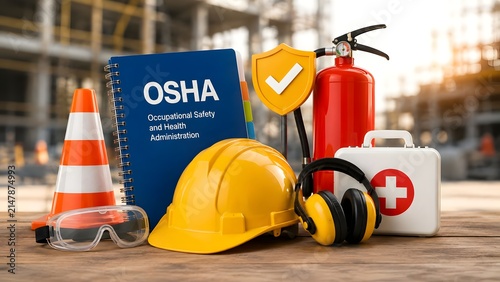 Yellow helmet with earmuffs safety goggles orange cone and fire extinguisher on wooden table. Concept of occupational safety compliance, construction site regulation, and hazard mitigation.