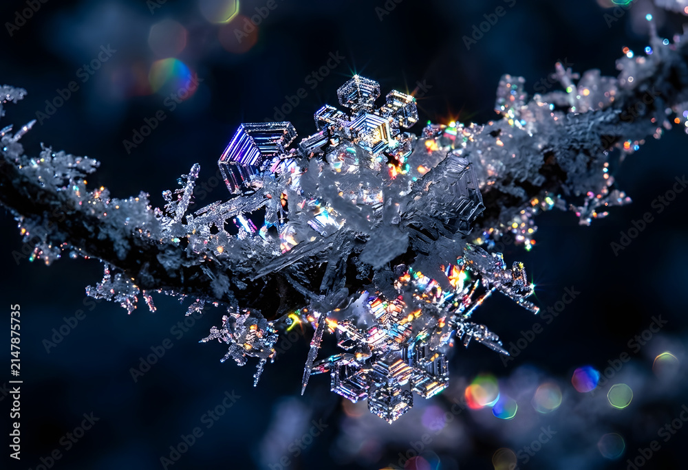 Fototapeta premium Sparkling iridescent snowflakes and ice crystals on a twig
