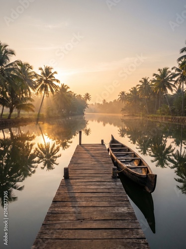 Peaceful Kerala Backwaters with Wooden Pier and Traditional Boat