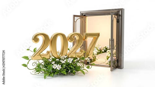 Golden 2027 numbers with green plants and an open window in the background
