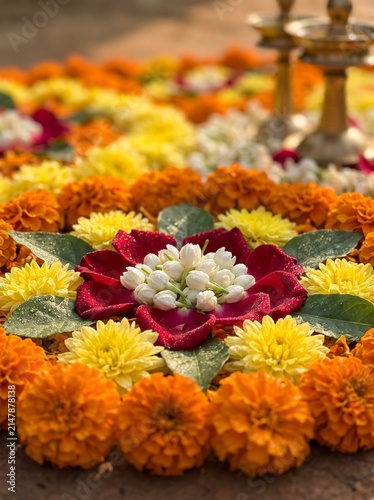 Colorful Traditional Onam Pookalam Flower Carpet in Kerala