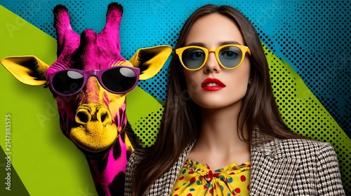 Woman poses with colorful giraffe wearing sunglasses, retro background, colorful fashion