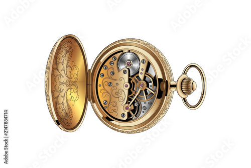 Vintage gold pocket watch isolated on transparent. Antique mechanical timepiece with open gears.
