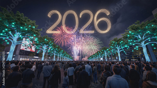 Celebration of the year 2026 unfolds as people observe bright fireworks over a public plaza lined with glowing trees.