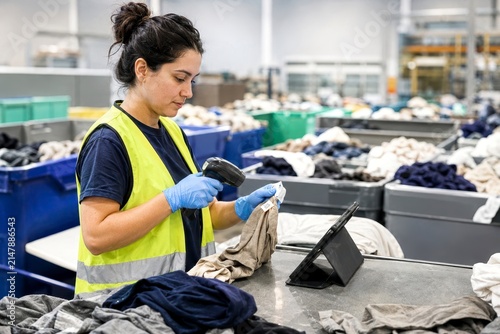 Sustainability reuse circular economy textile recycling worker in warehouse inspecting cloth with scanner and tablet