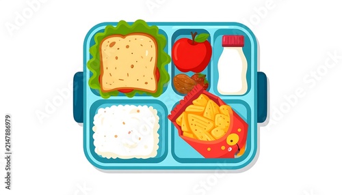 Colorful bento box with assorted fresh fruits and snacks.