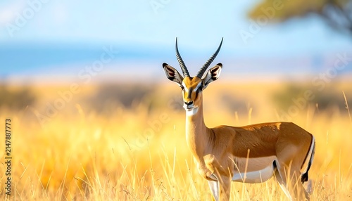 African antelope standing in golden savanna grass.