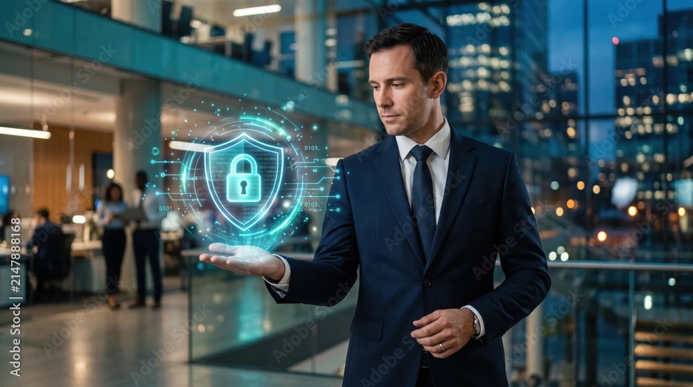 Fototapeta premium Businessman holding futuristic hologram shield with lock icon, representing cybersecurity data protection and privacy technology in modern office building with city skyline