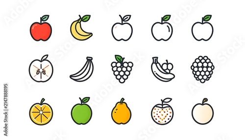 Colorful fruits and vegetables vector illustration set.