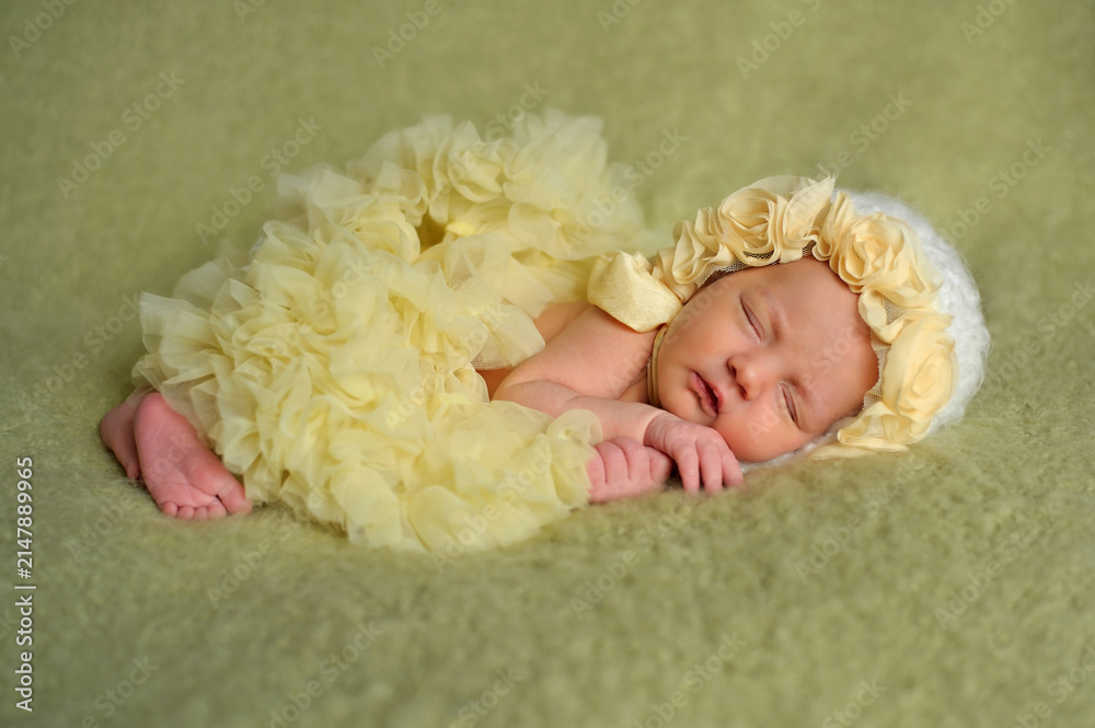 Obraz premium Newborn baby girl sleeping in yellow ruffled dress