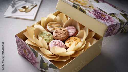 Cookies inside a floral gift box are beautifully presented on a table alongside metal spoons, offering a sophisticated and elegant treat for any special occasion or celebration.