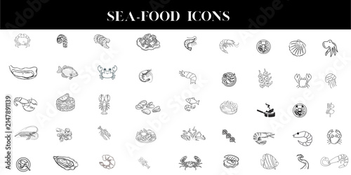 Seafood Icons Set, Hand Drawn Marine Food and Ocean Life Line Art Vectors