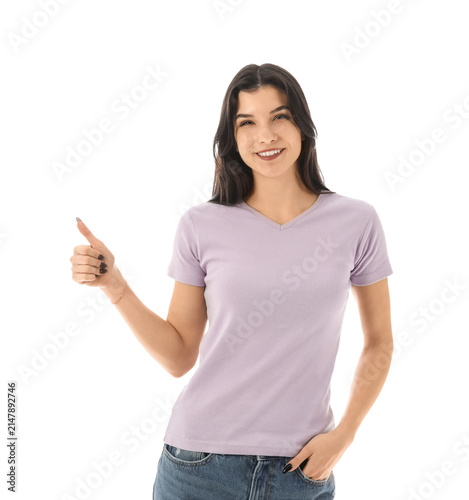 Young woman in stylish lila...