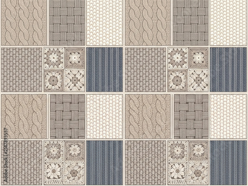 Seamless Patchwork Pattern with Knitted Textures and Neutral Fabric Designs for Textiles