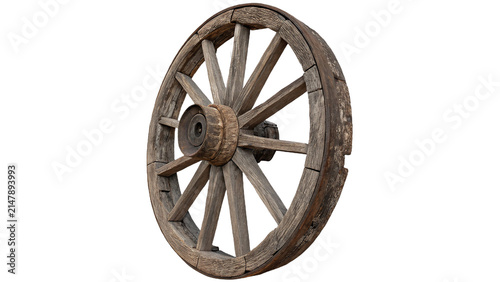 Fotografie Old vintage wooden wagon wheel from cart isolated on transparent background