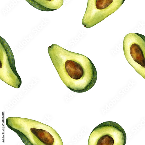 Avocado pattern Seamless watercolor on white background. Hand painted isolated fresh avocado cut halves with pits. Tropical green food for textile design, wrapping paper, packaging, fabric, printing