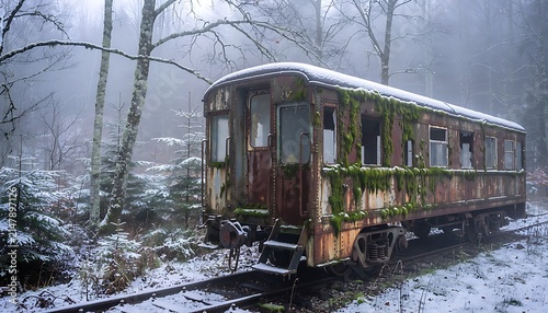 Abandoned vintage train car in snowy winter forest, rusty derelict railway carriage covered in green moss, eerie post-apocalyptic woodland scene