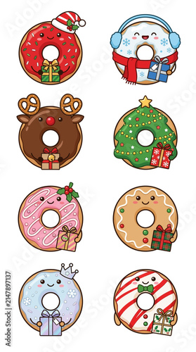 Cute Kawaii Christmas Donuts Collection Isolated Transparent Background