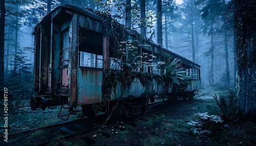 Abandoned vintage train carriage in a misty forest, overgrown rusty railway car with moss and vines, eerie cinematic woodland landscape at dusk