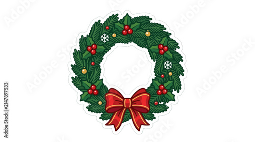Festive Green Wreath with Red Bow and Ornaments