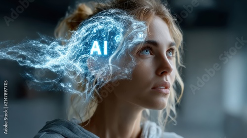 AI innovation visualized with a woman's head emanating digital energy and the AI symbol. ..Created with Generative AI, not depicting real subjects.
