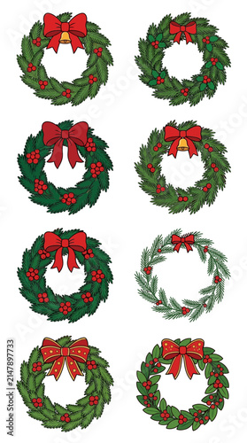 Set of Eight Festive Christmas Wreaths with Red Bows