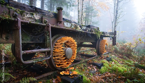 Abandoned vintage train car with orange mushrooms, rusty railway wagon in foggy forest, mystical woodland scene with decaying industrial metal
