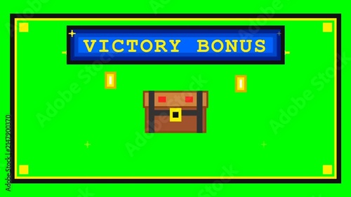 Retro arcade victory chest in a bright green scene.