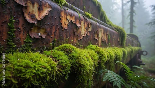 Rusty vintage train car covered in green moss, abandoned industrial machinery in foggy forest, weathered metal texture with peeling paint