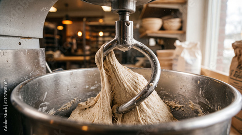 Dough being mixed in industrial mixer in bakery setting  