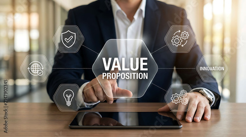 Businessman pointing at value proposition holographic virtual screen concept