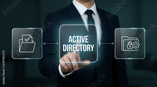 Businessman Touching Active Directory System Screen For Corporate Network Security Data Management