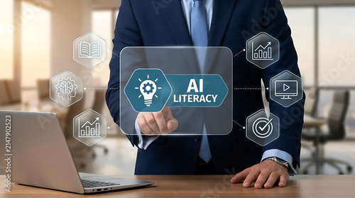 Businessman pointing at AI literacy concept icons on modern digital interface