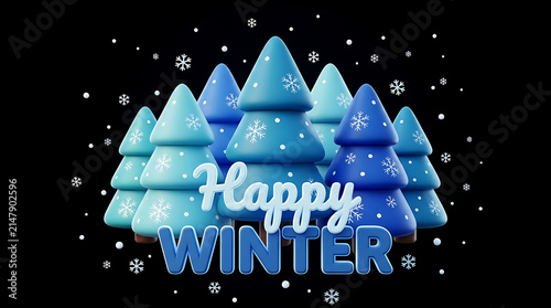 Happy Winter Blue Pine Trees Snowfall Concept, 3D Winter Season Celebration, Christmas Forest, Snowing Effect, and Greeting Banner Background